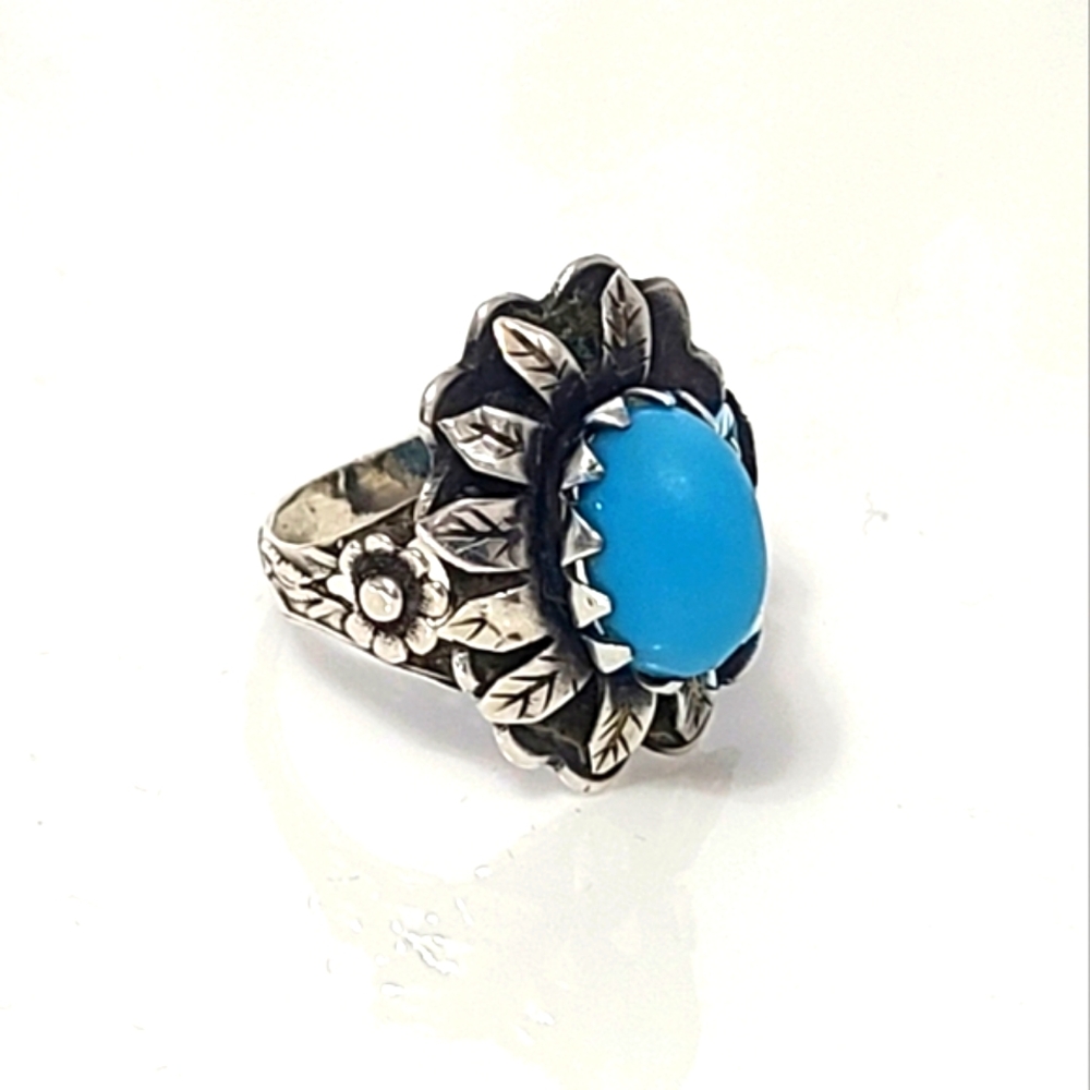 Vintage Boho Sterling Silver Blue Turquoise Cabochon Native Tribal Feather Ring